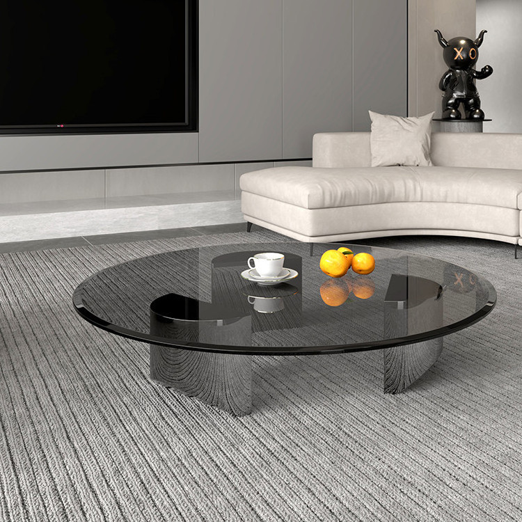 Italian round transparent tempered glass titanium stainless steel coffee table for home