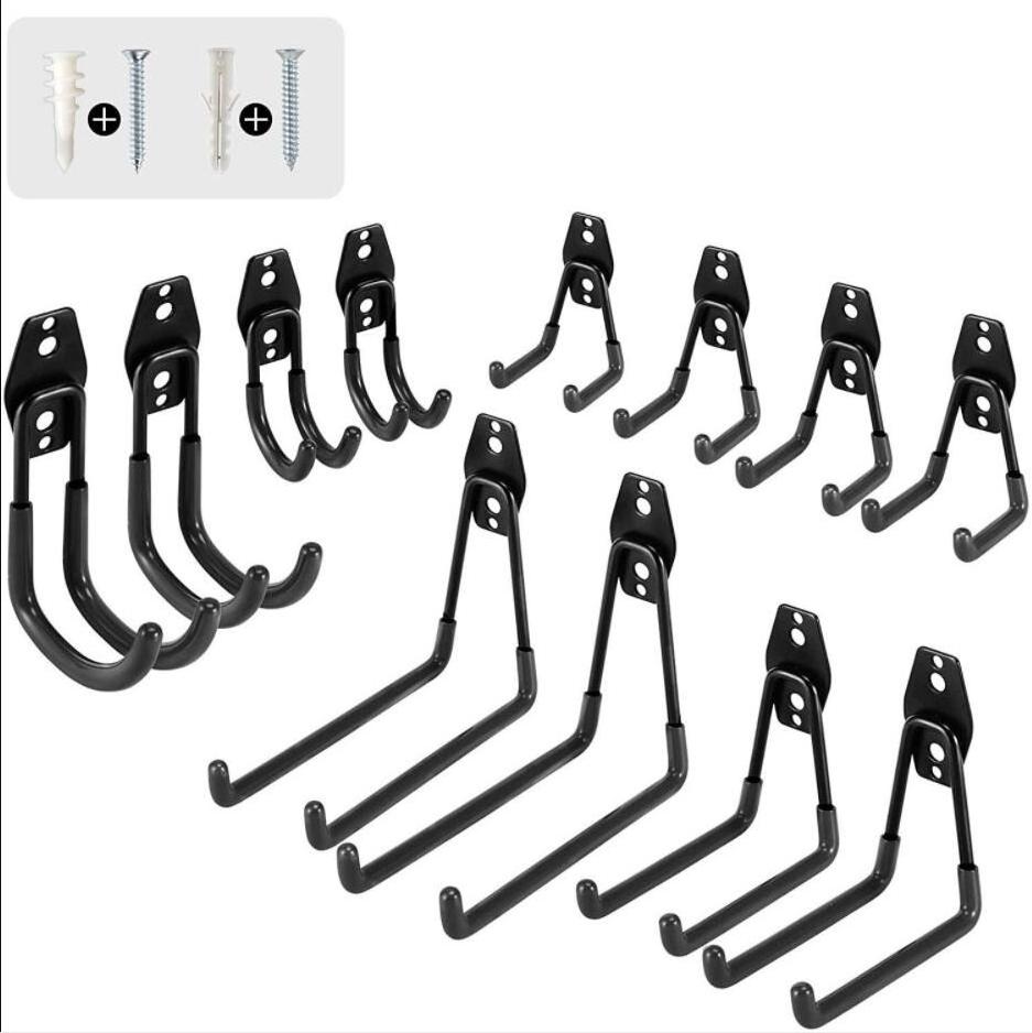 12-Pack Black 3-H Heavy-Duty 7.5 Inch Long Wall Mount Tool Hangers for Organizing Bike Garage for Coat Rack Use