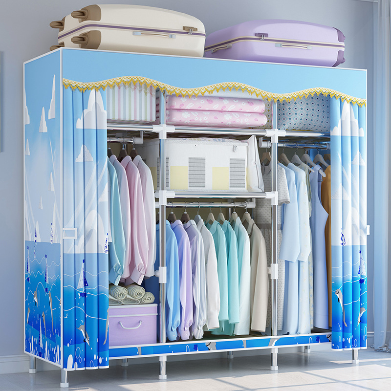 Wholesale simple folding reinforced steel tube polyester and cotton fabric closet storage wardrobe for home