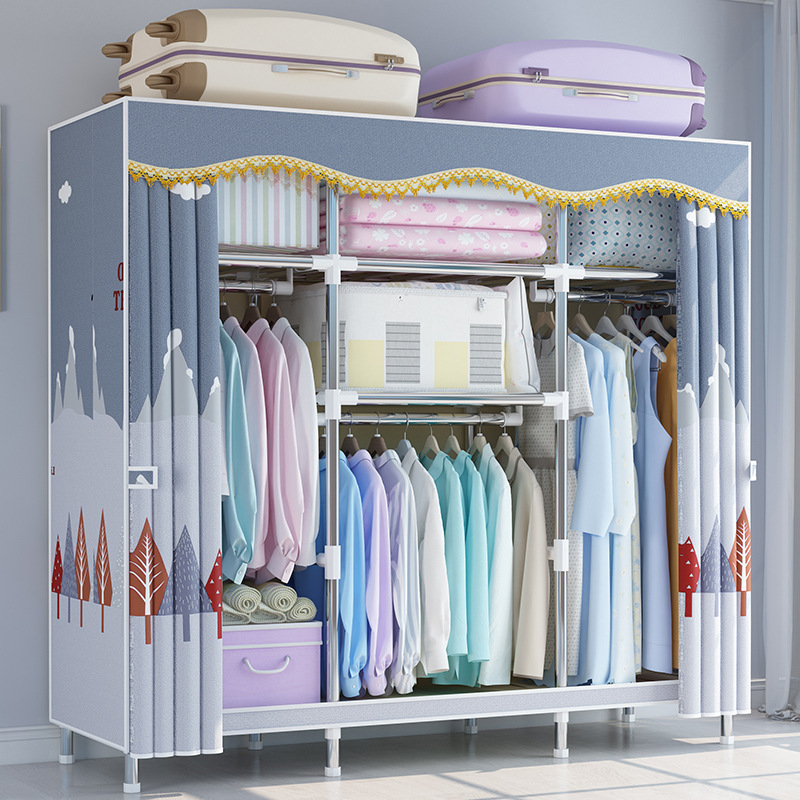 Wholesale simple folding reinforced steel tube polyester and cotton fabric closet storage wardrobe for home