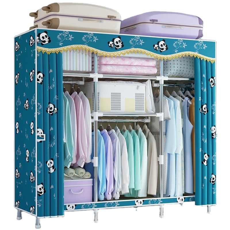 Wholesale simple folding reinforced steel tube polyester and cotton fabric closet storage wardrobe for home