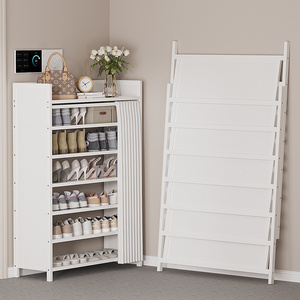 Installation free foldable storage shoe rack 7 layers household dustproof solid wood shoe rack with curtain