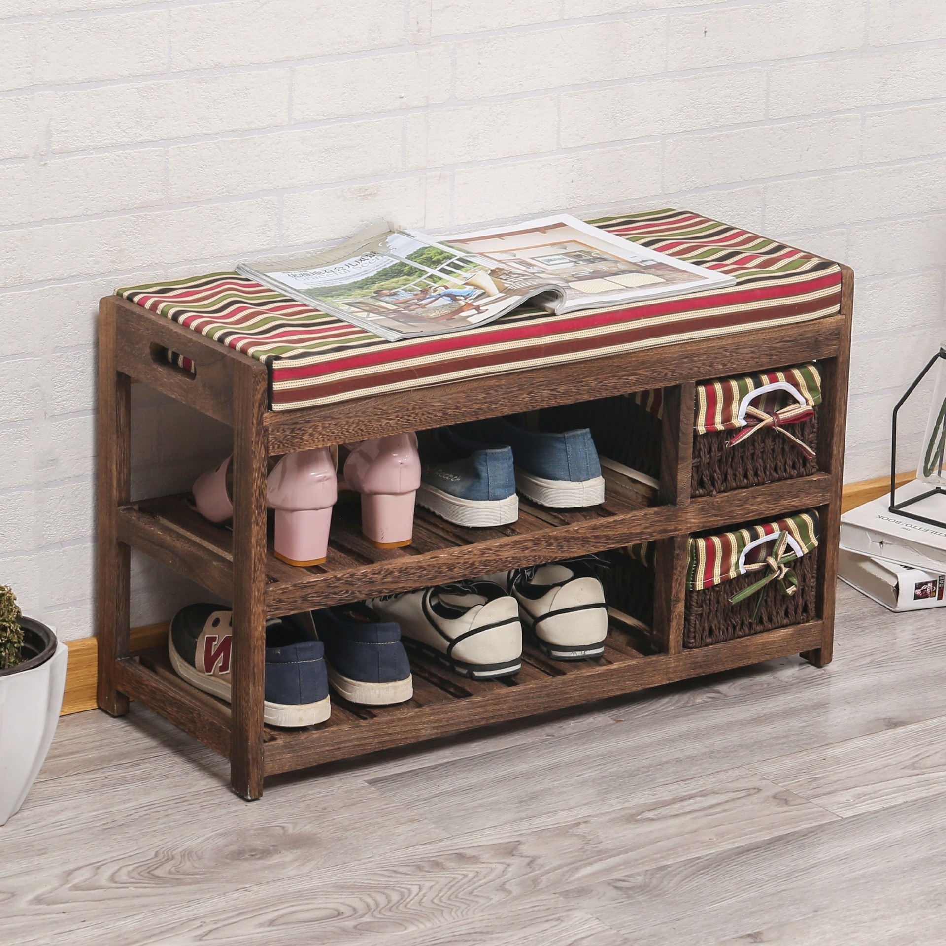 Shoe Rack Solid Wood Shoe Stool Household Entrance Sitting Shoe Stool wooden bench