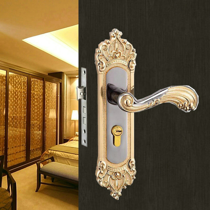 Modern European Style Yellow Aluminum Door Handle Silent Indoor Hardware Lock for Bedroom Wooden Doors