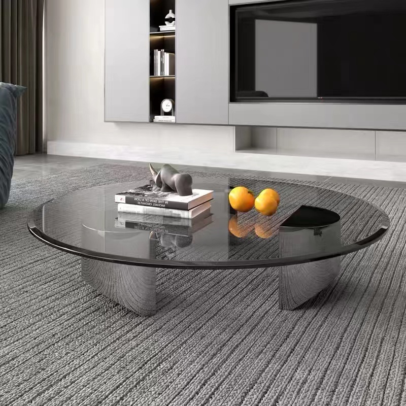 Italian round transparent tempered glass titanium stainless steel coffee table for home