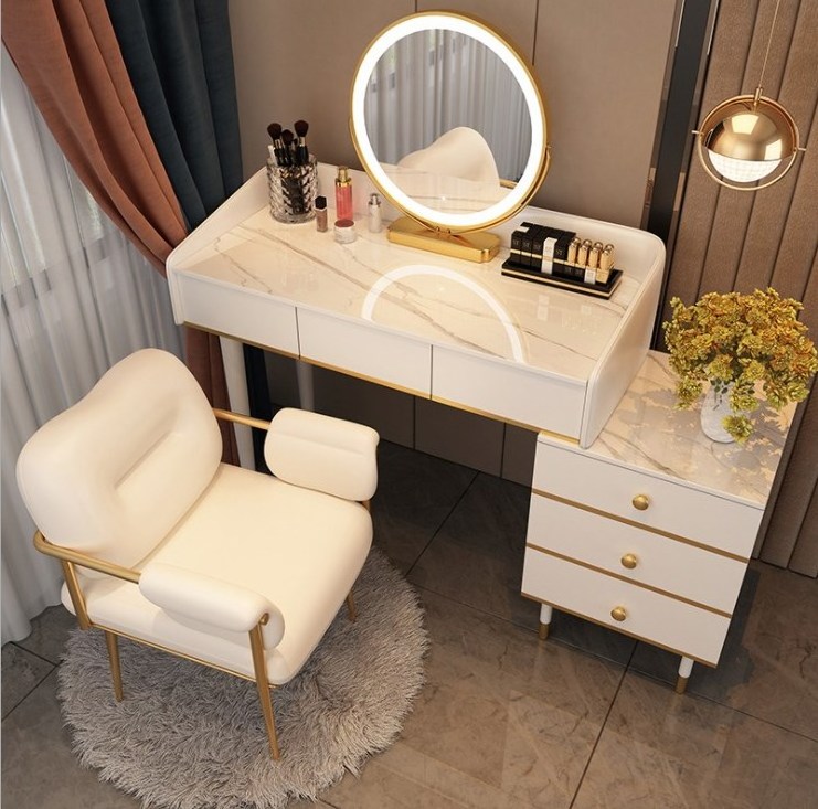 Nordic Luxury Wooden Vanity Table Set Modern Minimalist Simple Makeup Dressing Table with Lighted Mirror for Home and Bathroom