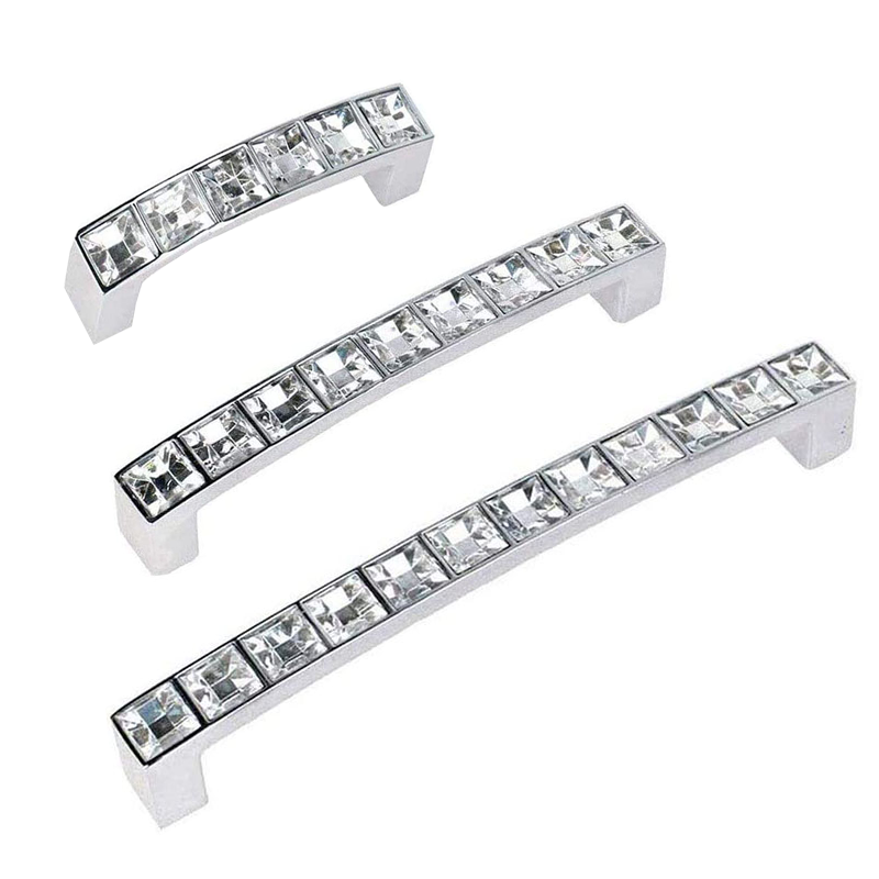 Crystal Glass & Rhinestone Alloy Cabinet Handles Silver Iron Drawer Pulls for Dresser Bookcase Bedroom Office Villa Door Storage