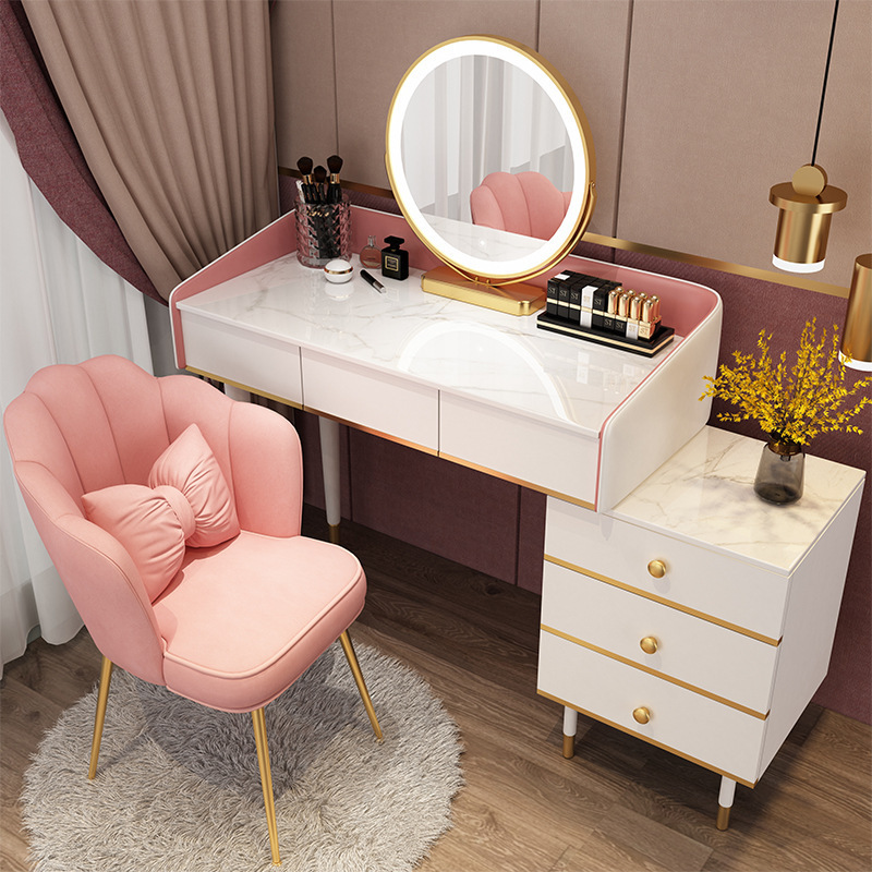 Nordic Luxury Wooden Vanity Table Set Modern Minimalist Simple Makeup Dressing Table with Lighted Mirror for Home and Bathroom