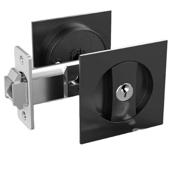 Zinc Alloy 2-Sided Black Door Hardware Key Entry Square Sliding Barn Pocket Door Lock Latch for Bathroom Office Building