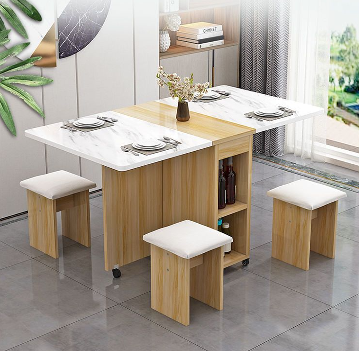 Simple cheap multifunctional wooden movable folding dining table with set 4 chairs