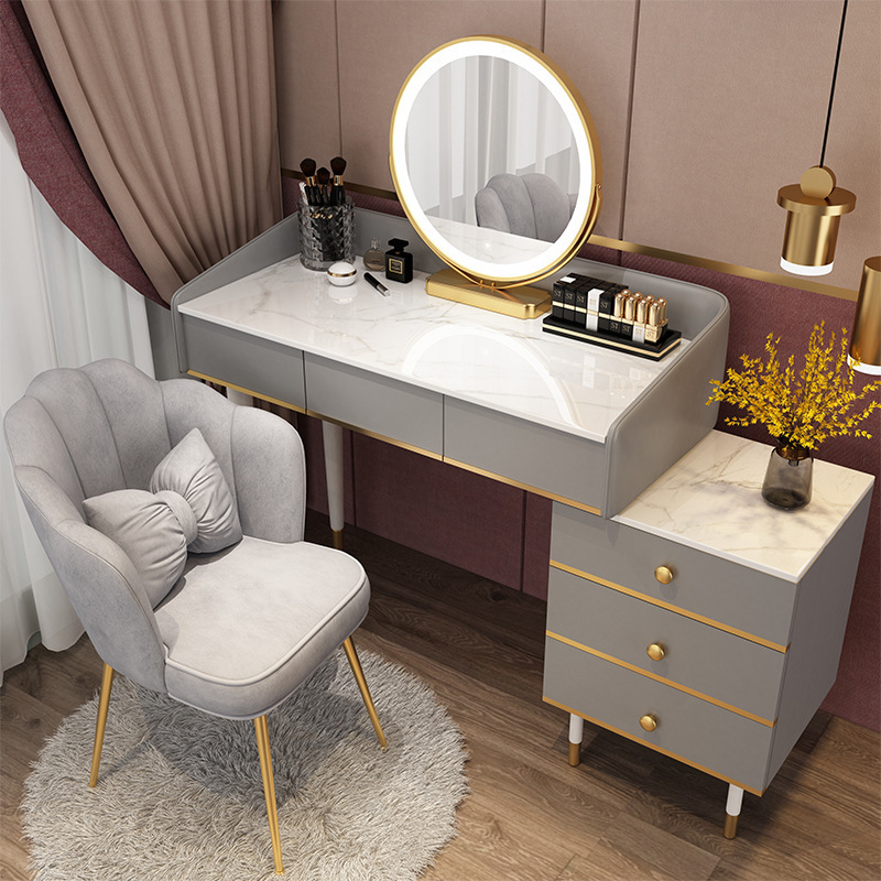 Nordic Luxury Wooden Vanity Table Set Modern Minimalist Simple Makeup Dressing Table with Lighted Mirror for Home and Bathroom