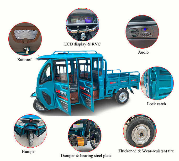 Electric tricycle Factory customized 4 doors  electric cargo tricycle with  Enclosed spacious operator cab