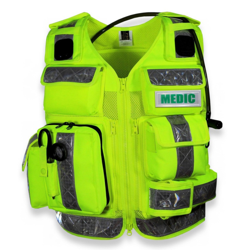 Fluorescent Lime Emergency Hi Viz Class 2 Medical Work Logo Printed Utility Safety Vest Jacket With Big Back Pockets