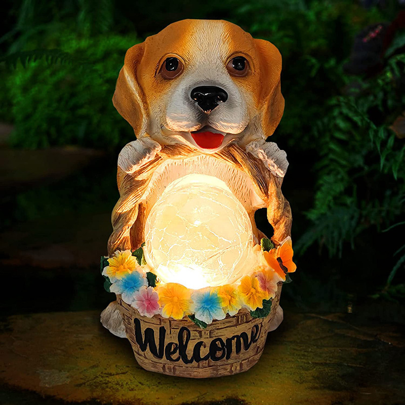 Hot selling outdoor solar light puppy flower basket statue ornaments American simulated animal resin decorative garden ornaments