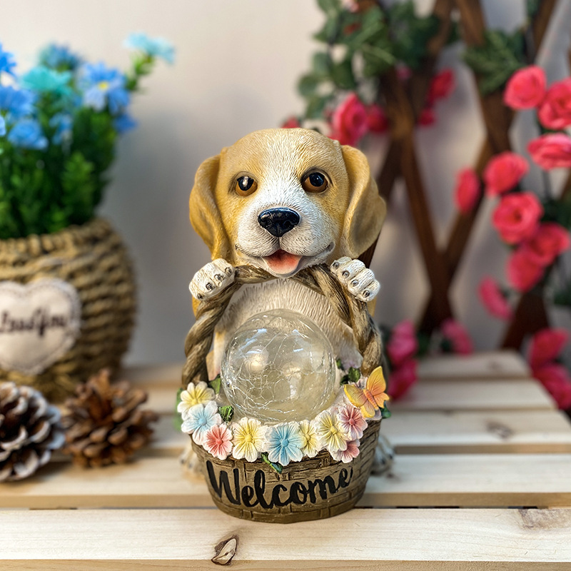 Hot selling outdoor solar light puppy flower basket statue ornaments American simulated animal resin decorative garden ornaments