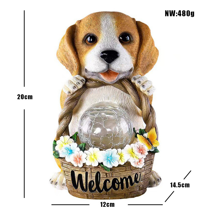 Hot selling outdoor solar light puppy flower basket statue ornaments American simulated animal resin decorative garden ornaments