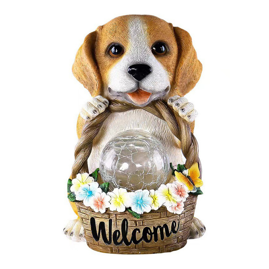 Hot selling outdoor solar light puppy flower basket statue ornaments American simulated animal resin decorative garden ornaments