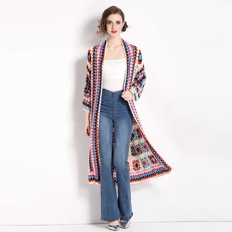 2024 Summer Women's Handmade Long Sleeve Beach Cardigan Hoodie 100% Cotton Bohemian Style Colorful Crochet Pullover