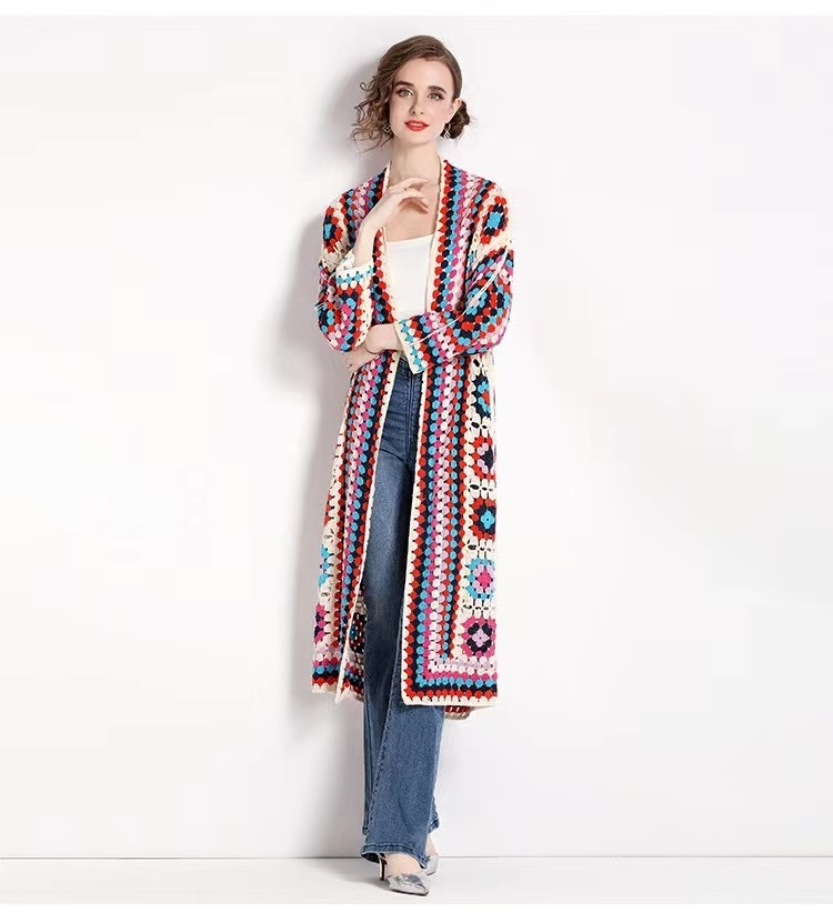 2024 Summer Women's Handmade Long Sleeve Beach Cardigan Hoodie 100% Cotton Bohemian Style Colorful Crochet Pullover