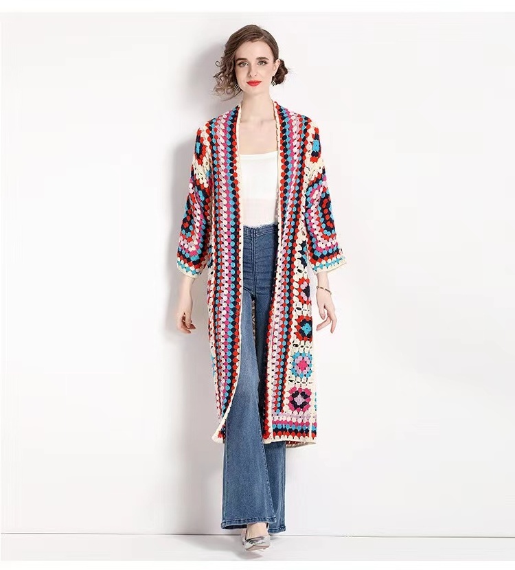 2024 Summer Women's Handmade Long Sleeve Beach Cardigan Hoodie 100% Cotton Bohemian Style Colorful Crochet Pullover