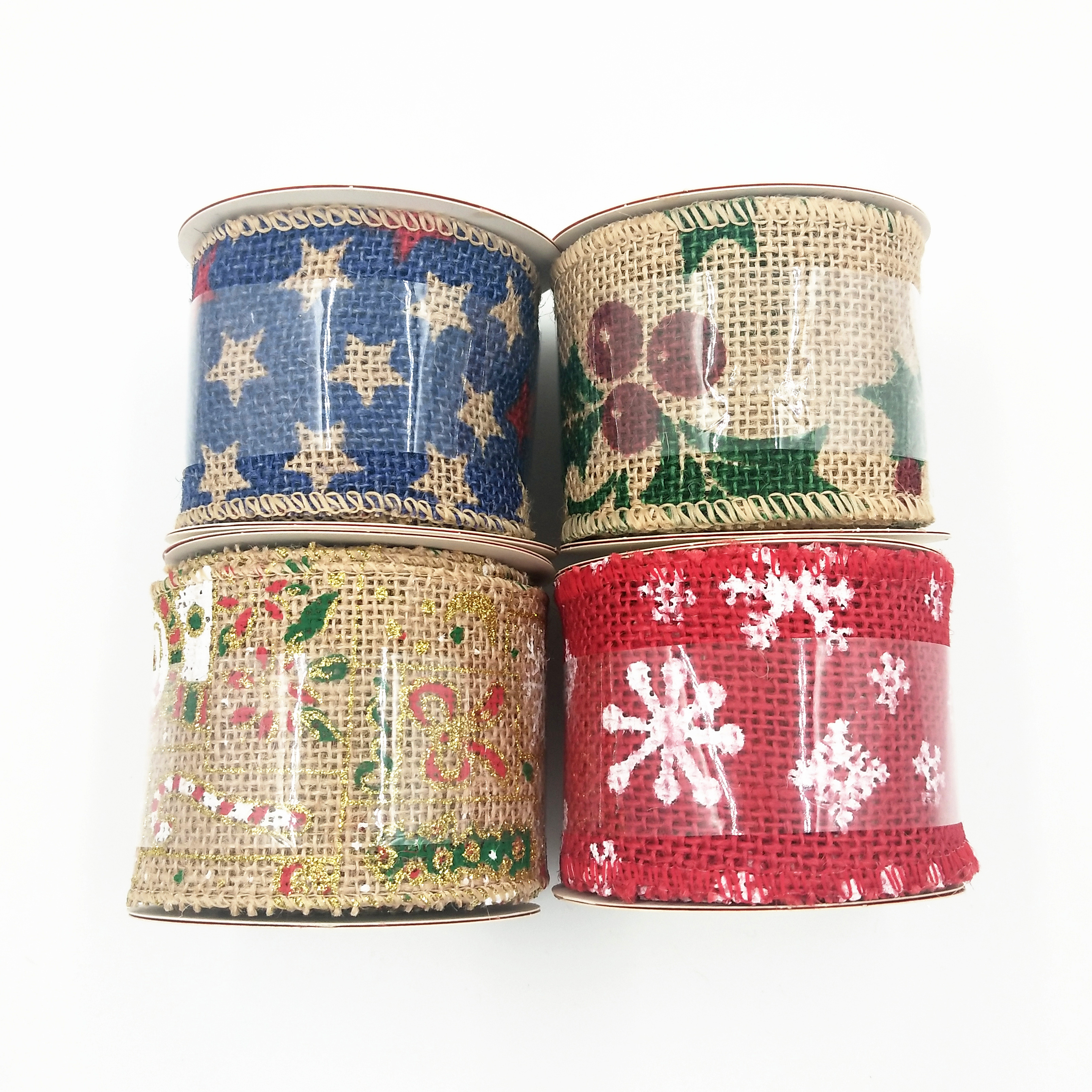 Wholesale Wired Ribbon Christmas Jute Ribbon with Santa Claus Tree Elk Snowflakes Imprint for Gift Wrap