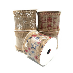 Wholesale Wired Ribbon Christmas Jute Ribbon with Santa Claus Tree Elk Snowflakes Imprint for Gift Wrap