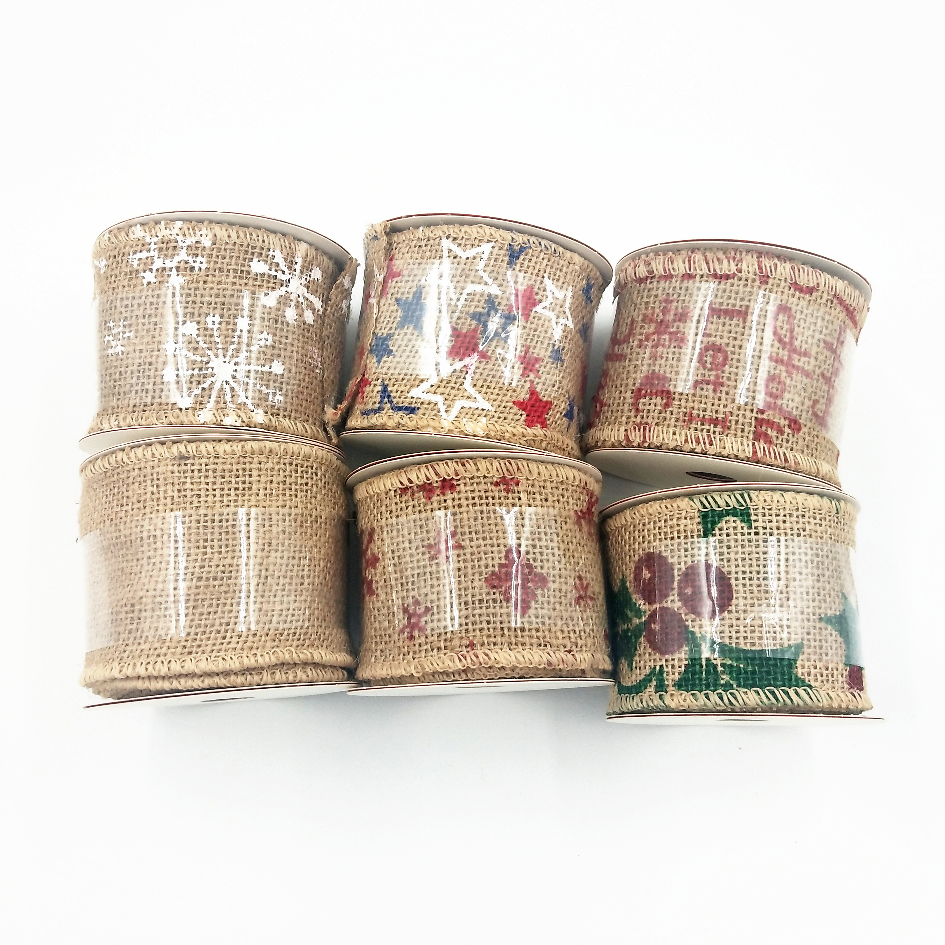 Wholesale Wired Ribbon Christmas Jute Ribbon with Santa Claus Tree Elk Snowflakes Imprint for Gift Wrap