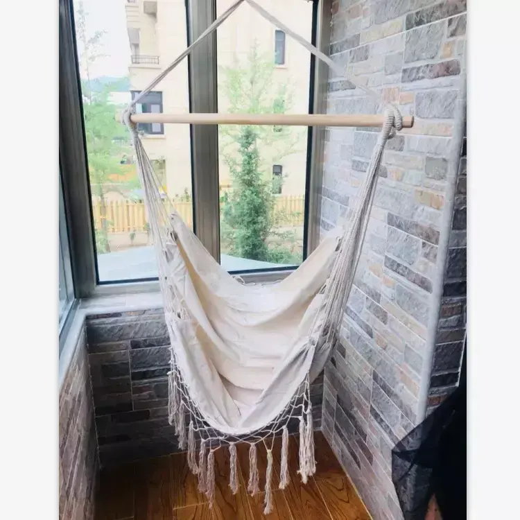 Indoor Outdoor White Tassel Hammock Soft Woven Hammock Chair Swing  with Bohemian Tassels