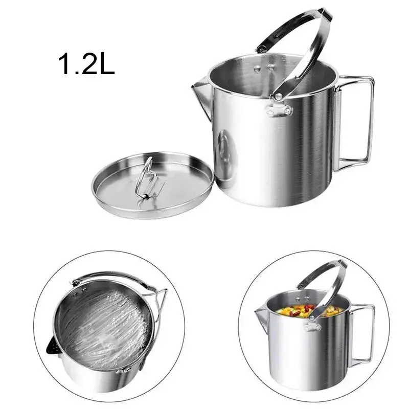 1.2L Camping Coffee Teapot Hanging Pot Outdoor Portable Folding Stainless Steel Cookware Kettle