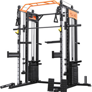 Multifunction Smith machine Power Cage with Smith Bar and Two LAT Pull-Down Systems and Cable Crossover Machine for Home Gym