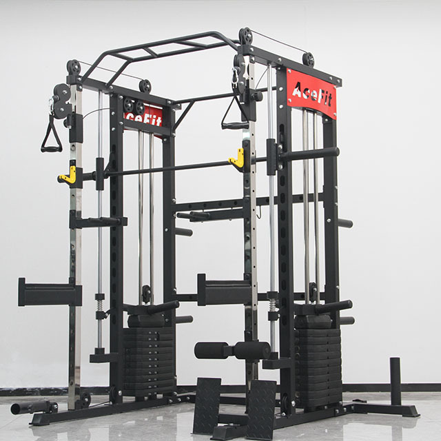 Multifunction Smith machine Power Cage with Smith Bar and Two LAT Pull-Down Systems and Cable Crossover Machine for Home Gym