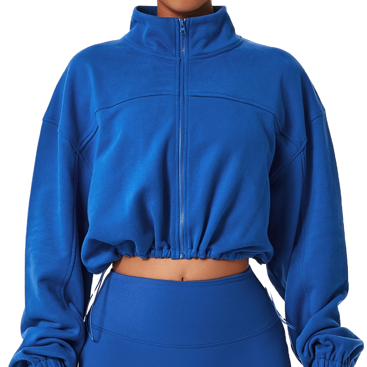 Custom Pullover Zip Up Stand Collar Sweatshirt French Terry Drop Shoulder Elastic Hem Crop Top Zip Up Hoodies For Women