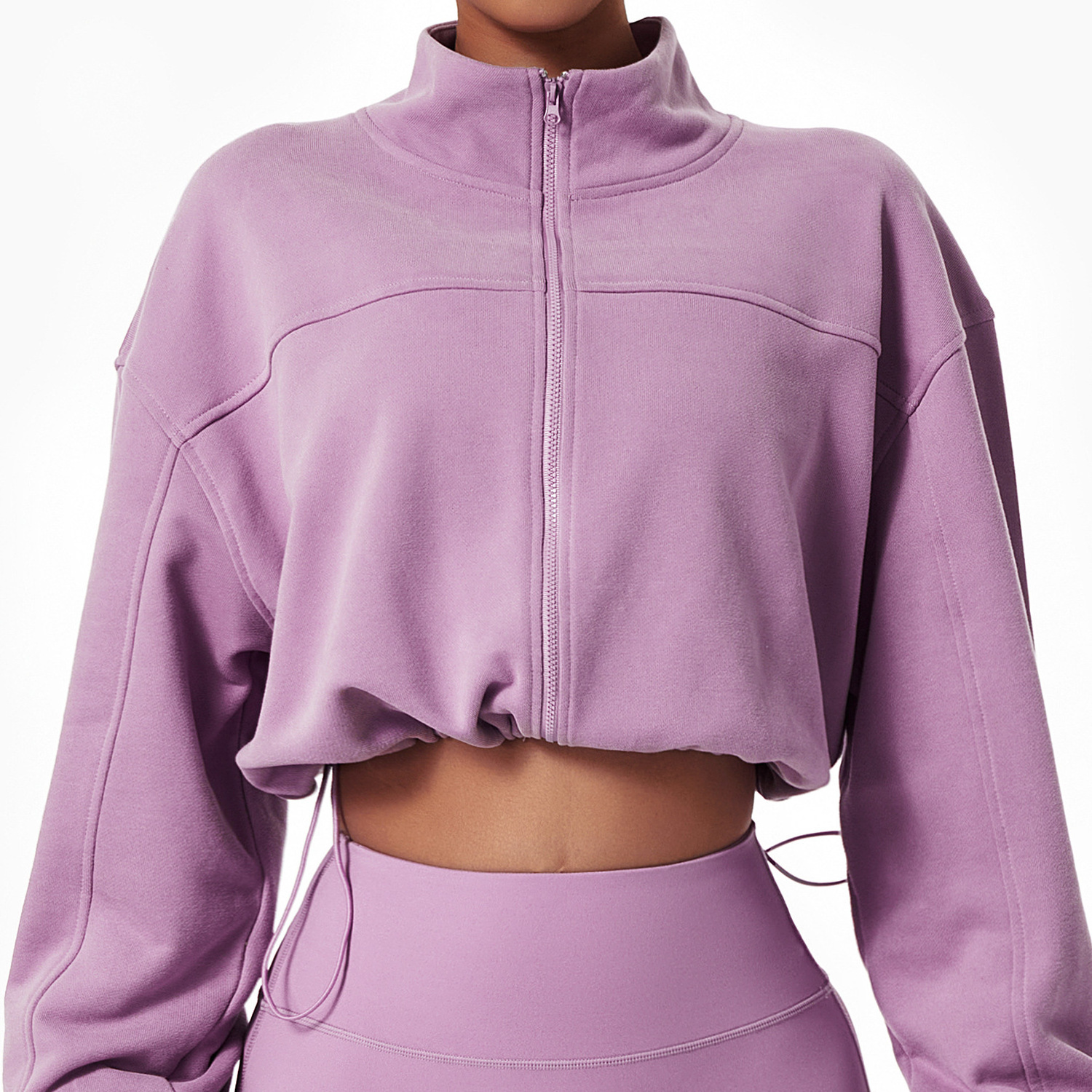 Custom Pullover Zip Up Stand Collar Sweatshirt French Terry Drop Shoulder Elastic Hem Crop Top Zip Up Hoodies For Women