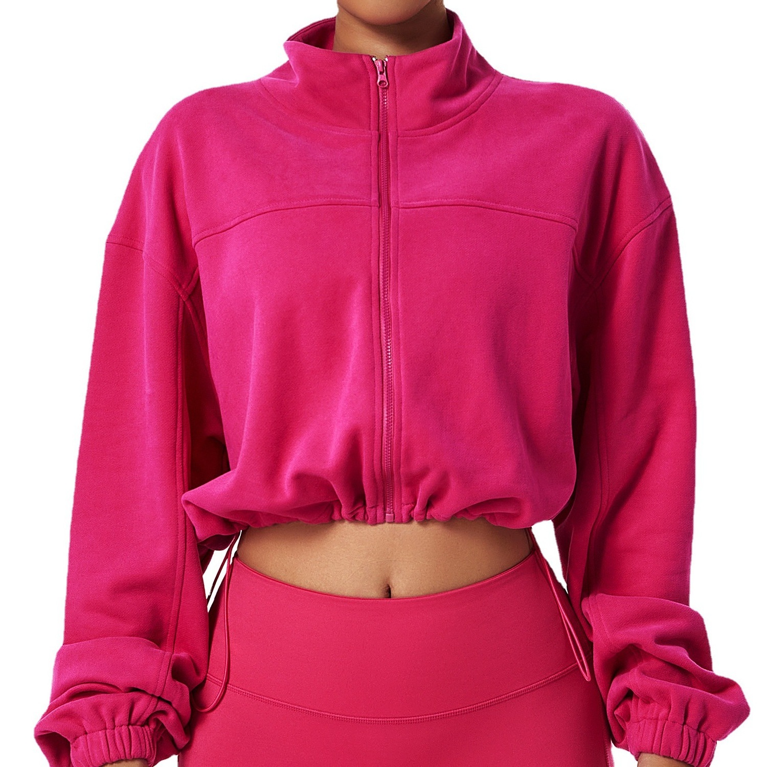 Custom Pullover Zip Up Stand Collar Sweatshirt French Terry Drop Shoulder Elastic Hem Crop Top Zip Up Hoodies For Women