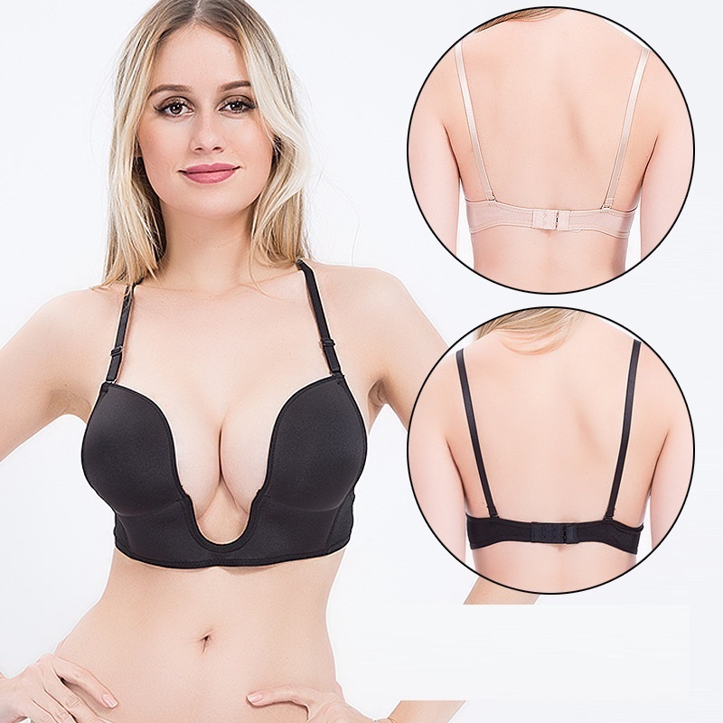 One Piece Bra Women Sexy Female Push Up Bras Cross Back Deep U Plunge Ladies Bra