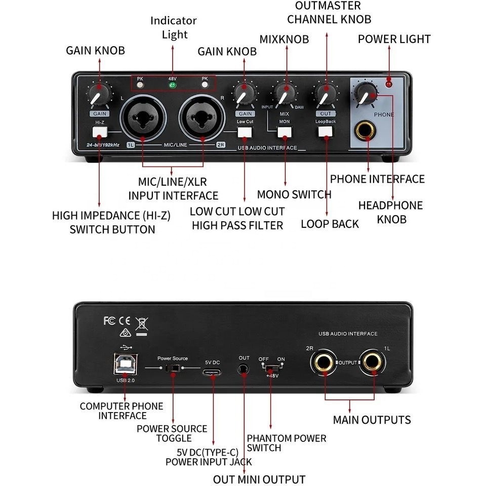 Audio Interface Microphone Sound Card Mixing Console 48V Phantom Power Studio Recording Microphone Electric Guitar Sound Mixer