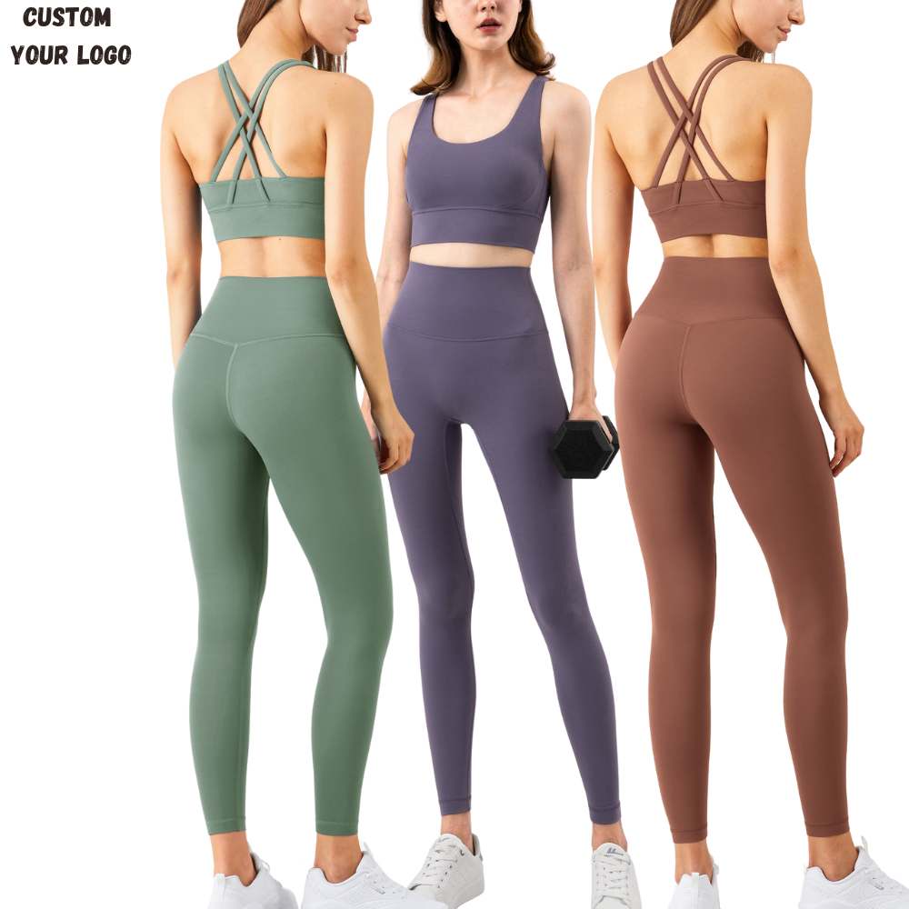 Women Athletic Wear High Rise Soft Compression Leggings Crossover Sports Bra Set Gym Fitness Yoga Suit