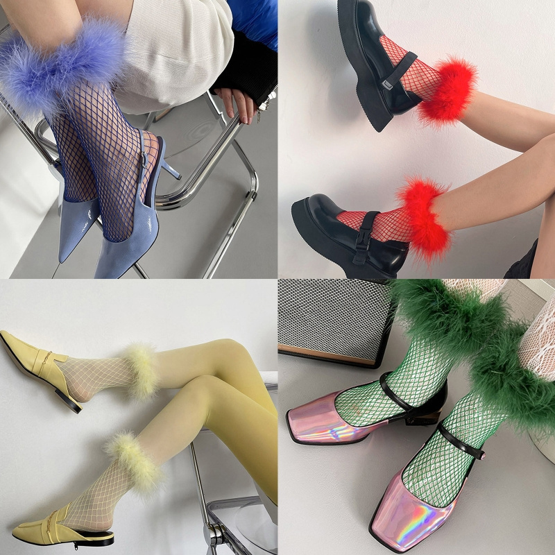 Can custom logo Furry Feather Crew Socks Women Hollow Out Colorful Fishnet Mesh Faux Fur Patchwork Trim Mid Tube Hosiery Cosplay