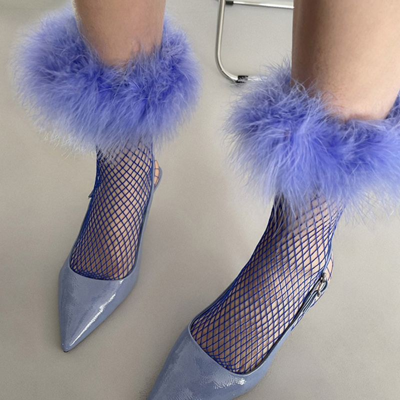 Can custom logo Furry Feather Crew Socks Women Hollow Out Colorful Fishnet Mesh Faux Fur Patchwork Trim Mid Tube Hosiery Cosplay