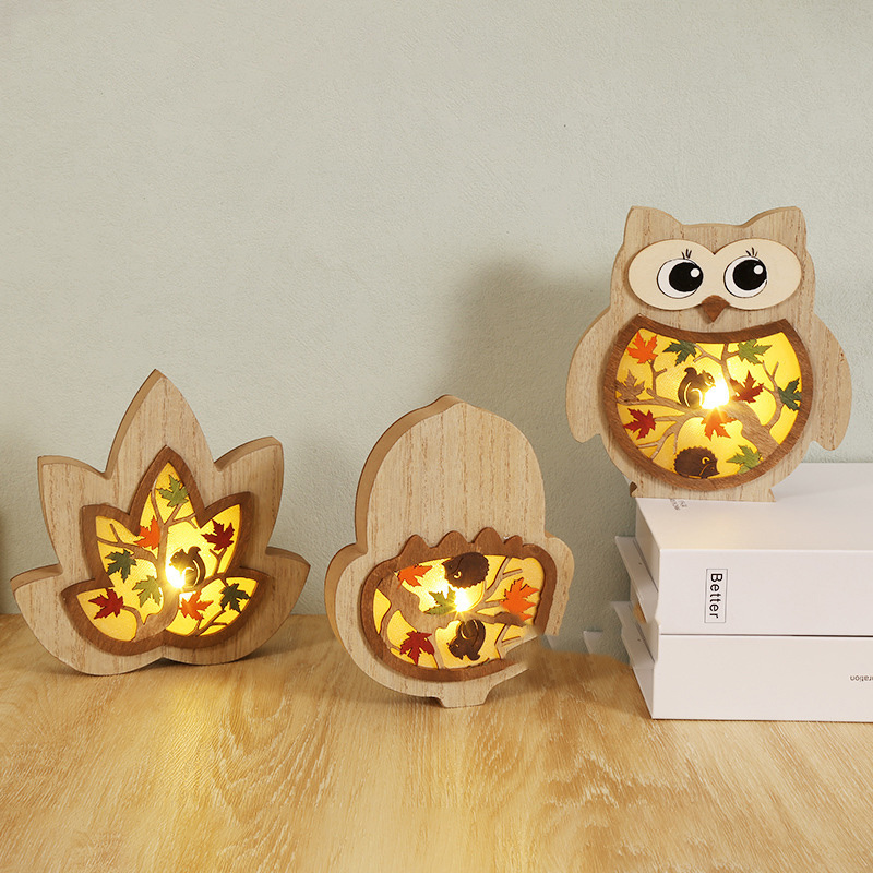 Customisable Creative Wooden Crafts Owl Squirrel Harvest Festival Party Decoration Wooden Carving Glowing Home Accessories