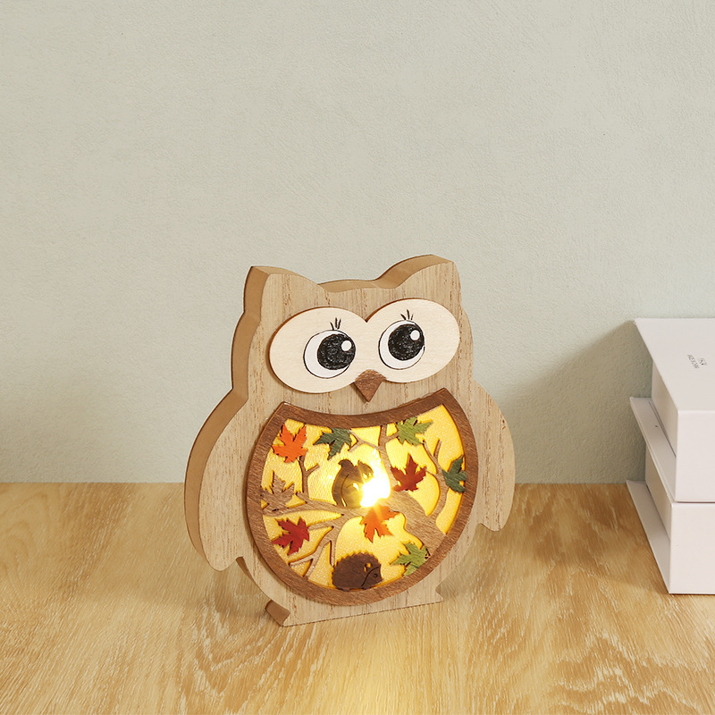 Customisable Creative Wooden Crafts Owl Squirrel Harvest Festival Party Decoration Wooden Carving Glowing Home Accessories