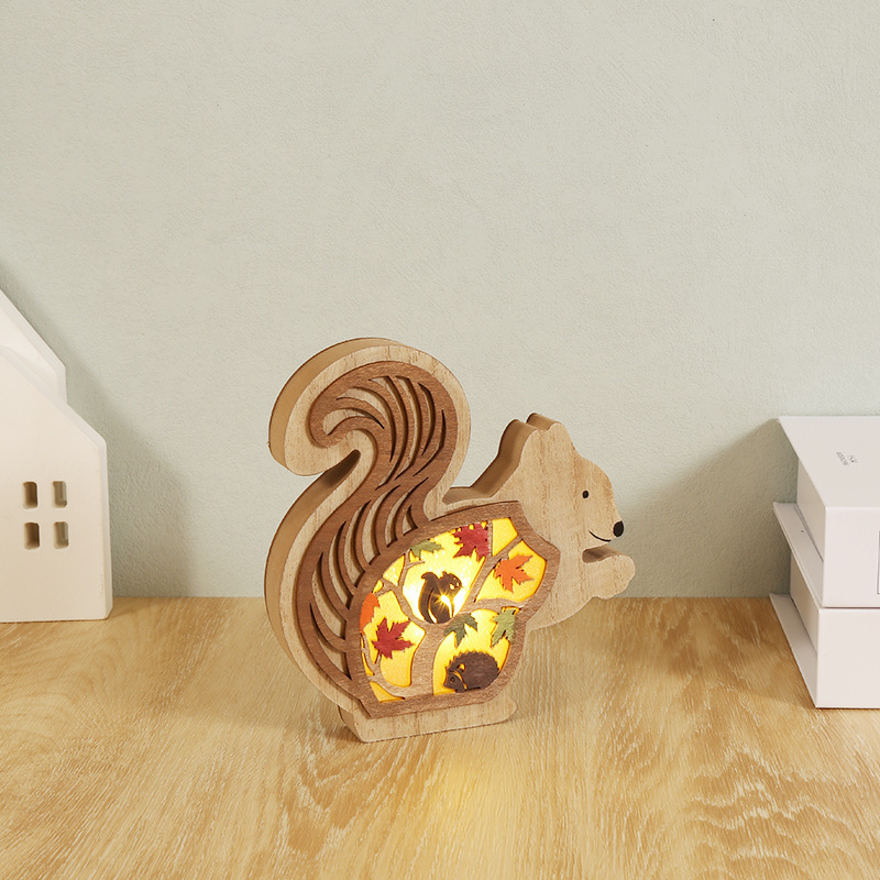 Customisable Creative Wooden Crafts Owl Squirrel Harvest Festival Party Decoration Wooden Carving Glowing Home Accessories