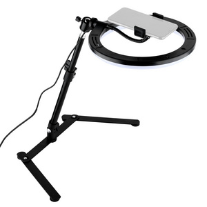 10 Inch LED Ring Light Portable Metal Cell Phone Table Stand Folding Overhead Table Adjustable Cell Phone Mounting Bracket