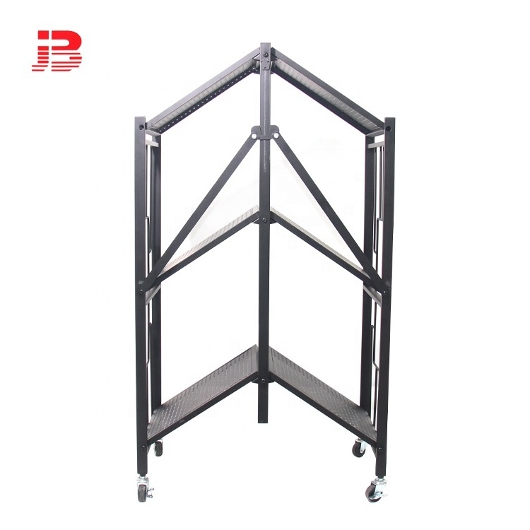 Home Black iron Metal Wire 3 Tiers Folding Kitchen Corner Storage Shelf For Storage Kitchenware