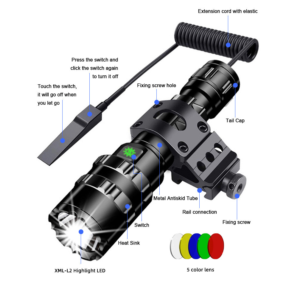 LED Tactical Hunting Flashlight USB Rechargeable Waterproof Torch Lamp Professional Shooting Night Scout Lights Set