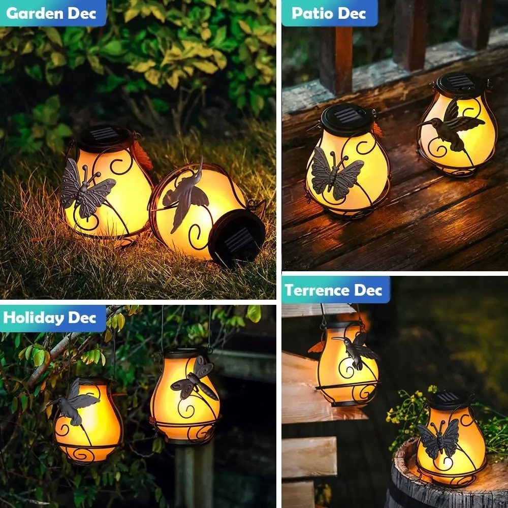 Solar Flame Fire Lantern Outdoor Portable Hanging Flickering Metal Solar LED Garden Lamp Light Waterproof