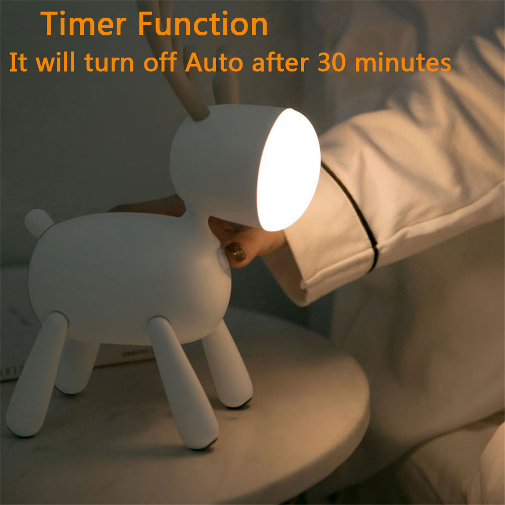 USB Rechargeable Cute Deer LED Night Lights Dimmable Bedside Table Desk Lamp with Timer Function for Kids Room Baby Nursery