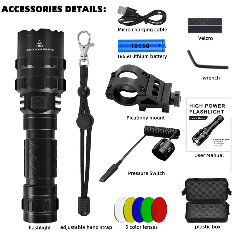 LED Tactical Hunting Flashlight USB Rechargeable Waterproof Torch Lamp Professional Shooting Night Scout Lights Set