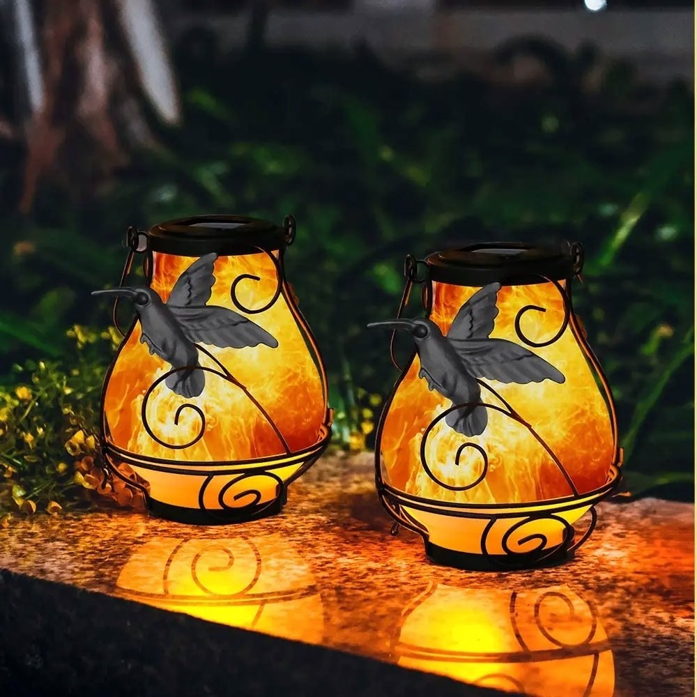 Solar Flame Fire Lantern Outdoor Portable Hanging Flickering Metal Solar LED Garden Lamp Light Waterproof