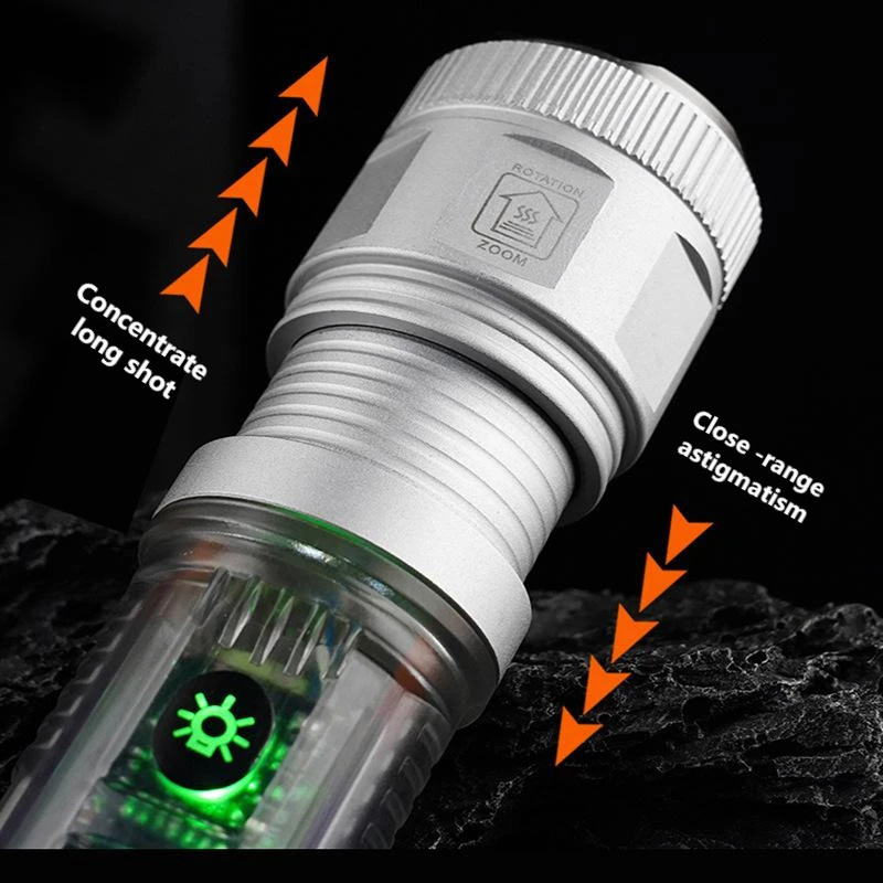 Solar Rechargeable Flashlight Zoomable Super Bright White Laser Beads Lamp Multifunction Camping Telescopic Focusing Torch